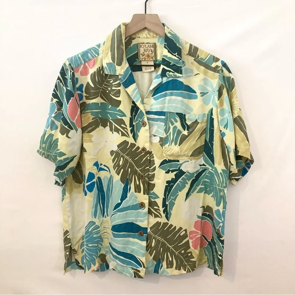 Kylani Bay Silk Hawaiian Shirt Medium Green Palm Flowers Unisex